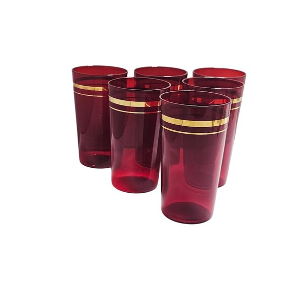 6 Anchor Hocking Royal Ruby Glasses 4.7" vtg red glass 9oz tumblers gold stripes - Picture 10 of 11